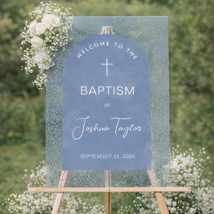 Boy Baptism Blue Arch Floral Pattern Cross Welcome Acrylic Sign