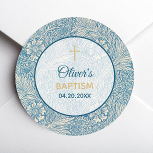 Boy Baptism Blue Floral Marigold William Morris Classic Round Sticker