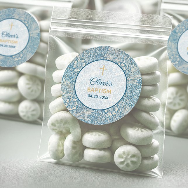 Boy Baptism Blue Floral Marigold William Morris Classic Round Sticker (Creator Uploaded)