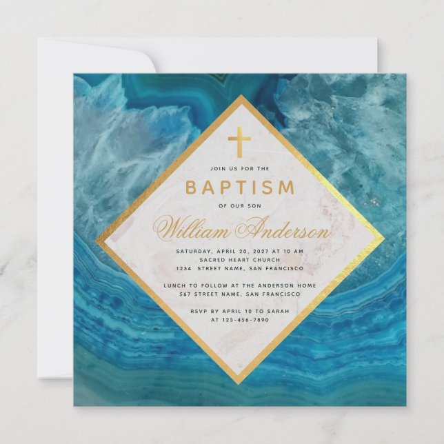 Boy Baptism Blue Geode Faux Gold Cross Marble  Invitation (Front)