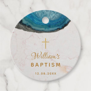 Boy Baptism Blue Geode White Marble Gold Cross Favour Tags
