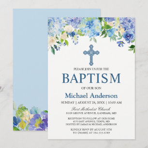 Boy Baptism Blue Hydrangea Watercolor Floral Invitation