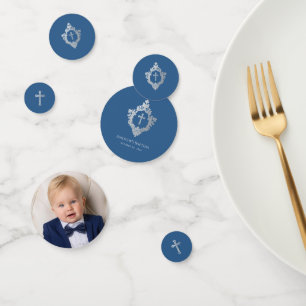 Boy Baptism Blue Photo Silver Cross Vintage Crest Confetti
