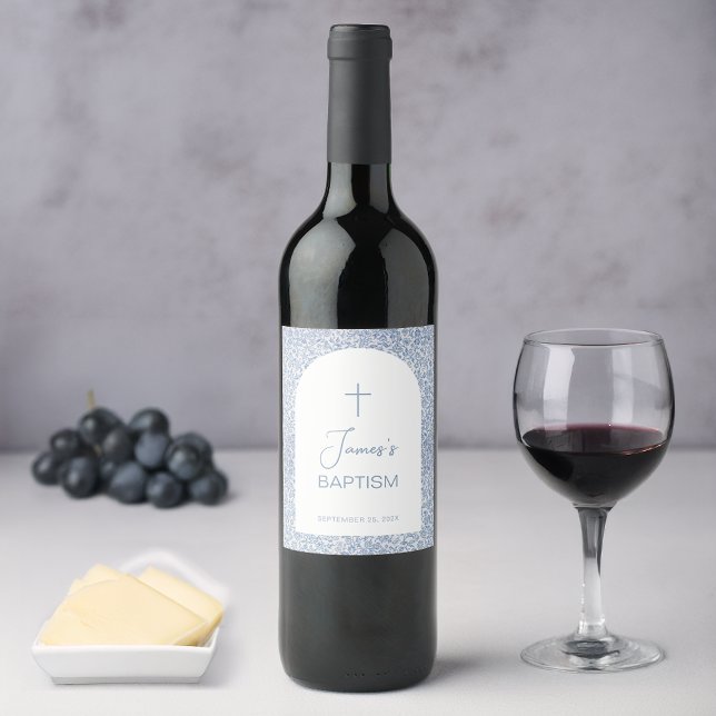 Boy Baptism Blue White Arch Floral Pattern Script  Wine Label (Creator Uploaded)