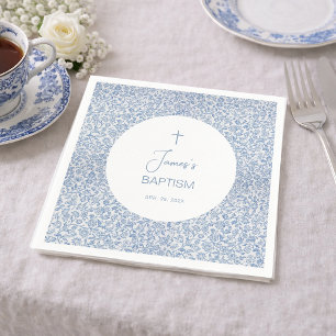 Boy Baptism Blue White Floral Pattern Christening Napkin