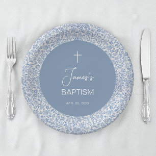 Boy Baptism Blue White Floral Pattern Christening Paper Plate