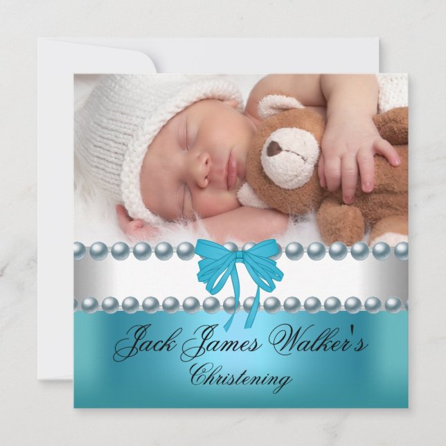 Boy Baptism Christening Boy White Blue Bow Photo Invitation (Front)