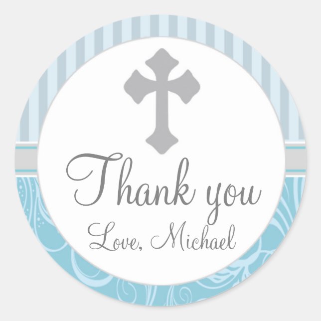 Boy Baptism Christening Stripes Floral Favour Labe Classic Round Sticker (Front)