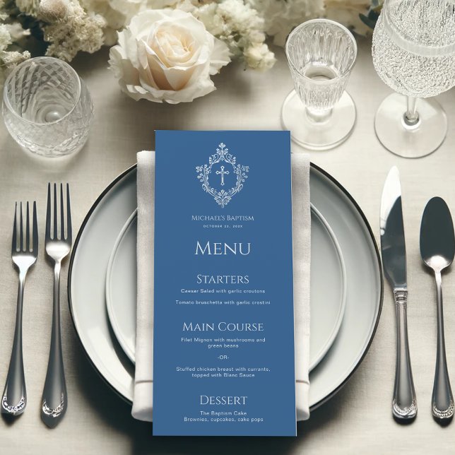 Boy Baptism Classic Blue Crest Vintage Elegant Menu (Creator Uploaded)