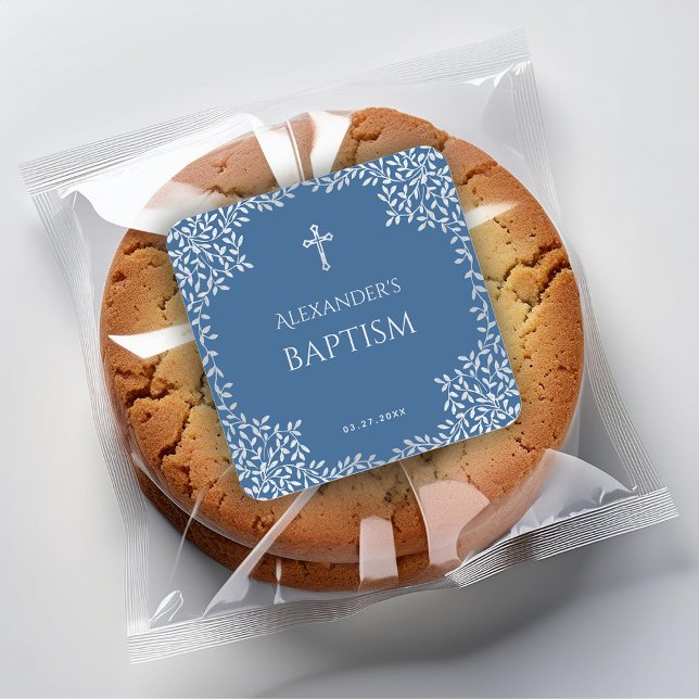 Boy Baptism Classic Blue Faux Silver Leaves Cross Square Sticker (Creator Uploaded)