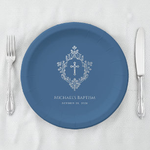 Boy Baptism Classic Blue Faux Silver Vintage Crest Paper Plate