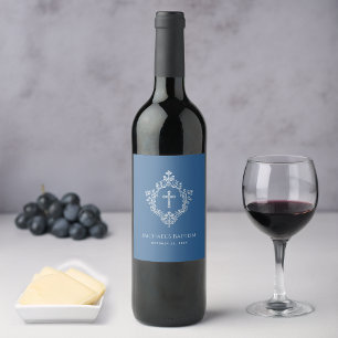 Boy Baptism Classic Blue Vintage Crest Religious   Wine Label