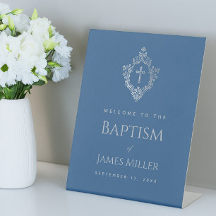Boy Baptism Classic Blue Vintage Crest Welcome  Pedestal Sign