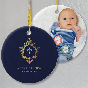 Boy Baptism Crest Navy Blue Elegant Faux Gold Foil Ceramic Tree Decoration