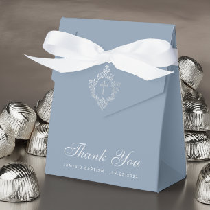 Boy Baptism Dusty Blue Elegant Crest Thank You Favour Box