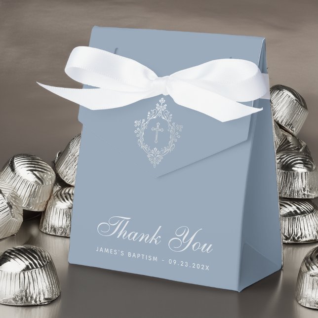 Boy Baptism Dusty Blue Elegant Crest Thank You Favour Box (Creator Uploaded)