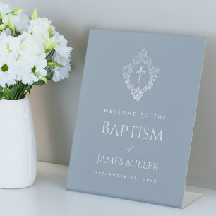 Boy Baptism Dusty Blue Elegant Cross Crest Welcome Pedestal Sign