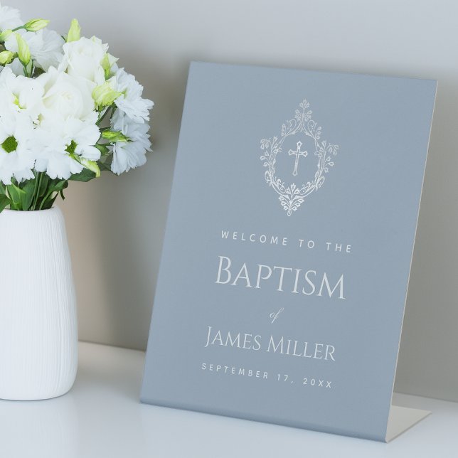 Boy Baptism Dusty Blue Elegant Cross Crest Welcome Pedestal Sign (Creator Uploaded)