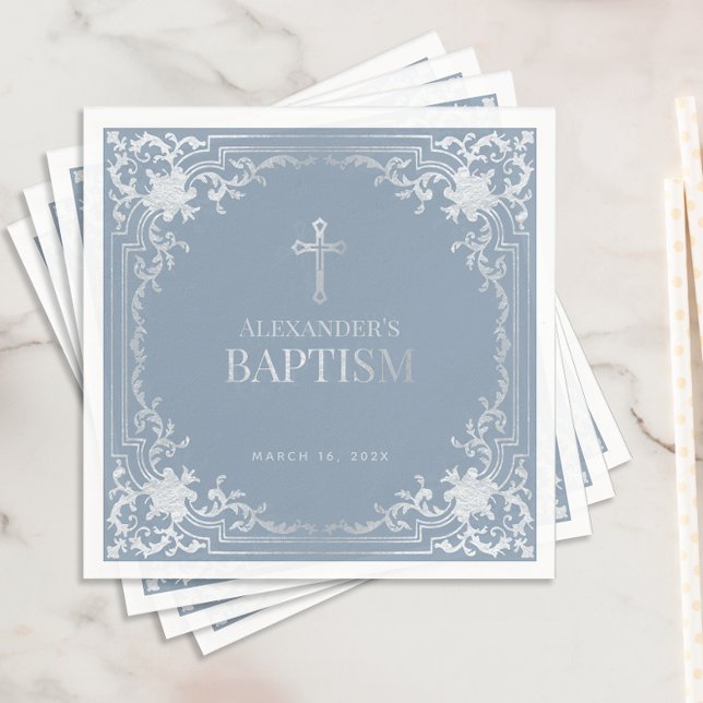 Boy Baptism Dusty Blue Elegant Faux Silver Cross Napkin (Creator Uploaded)