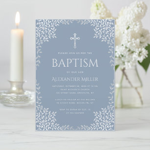 Boy Baptism Dusty Blue Elegant Faux Silver Leaves Invitation
