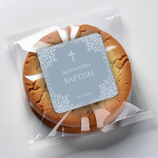 Boy Baptism Dusty Blue Elegant Faux Silver Leaves Square Sticker (Creator Uploaded)