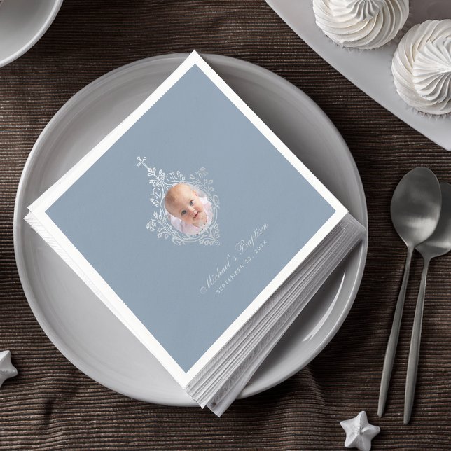 Boy Baptism Dusty Blue Elegant  Faux Silver Photo Napkin (Creator Uploaded)