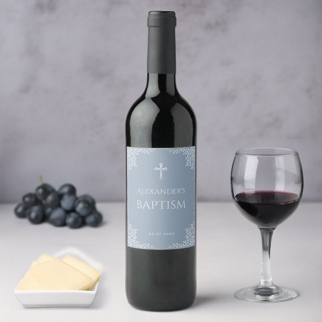 Boy Baptism Dusty Blue Faux Silver Cross & Leaves  Wine Label (Creator Uploaded)