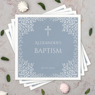 Boy Baptism Dusty Blue Faux Silver Leaves Elegant Napkin