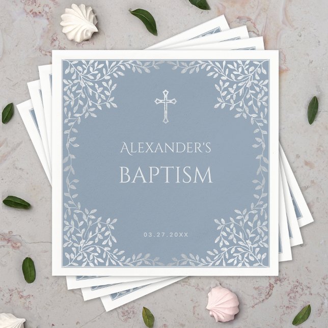 Boy Baptism Dusty Blue Faux Silver Leaves Elegant Napkin (Creator Uploaded)