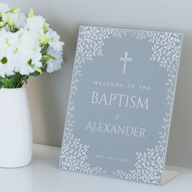 Boy Baptism Dusty Blue Faux Silver Leaves Welcome Pedestal Sign (Creator Uploaded)