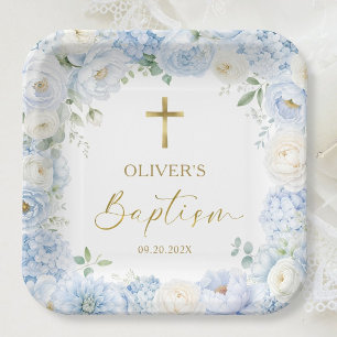 Boy Baptism Dusty Blue Floral Gold Cross Paper Plate