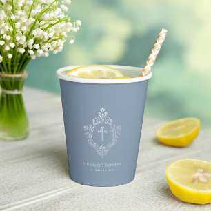 Boy Baptism Dusty Blue Silver Cross Vintage Crest Paper Cups