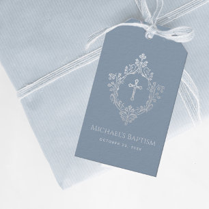 Boy Baptism Dusty Blue Vintage Silver Crest Cross Gift Tags