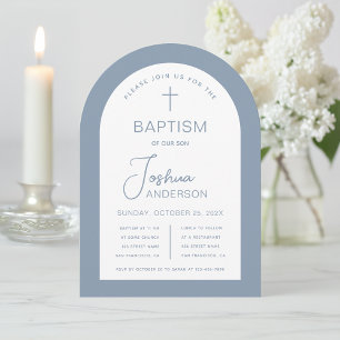 Boy Baptism Dusty Blue White Arch Script Modern Invitation