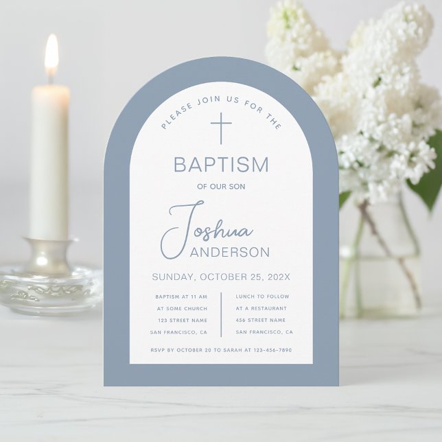 Boy Baptism Dusty Blue White Arch Script Modern Invitation (Creator Uploaded)
