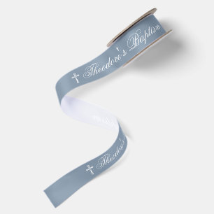 Boy Baptism Dusty Blue White Calligraphy and Cross Satin Ribbon