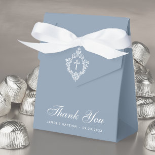 Boy Baptism Dusty Blue White Cross & Crest Elegant Favour Box