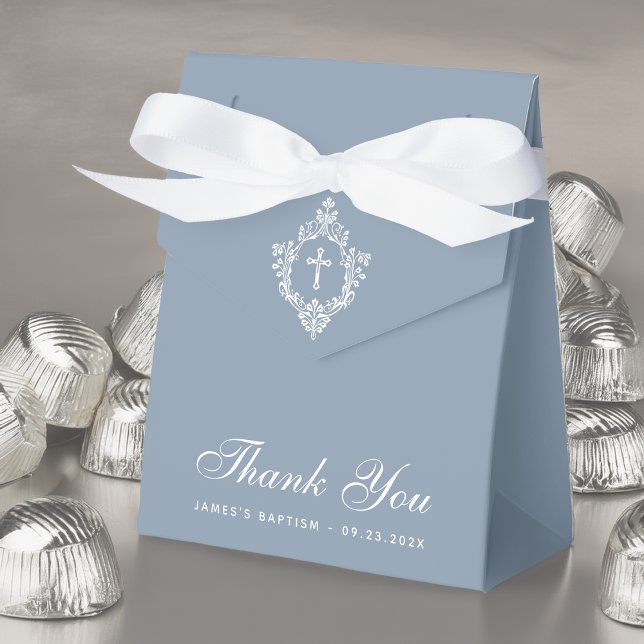 Boy Baptism Dusty Blue White Cross & Crest Elegant Favour Box (Creator Uploaded)
