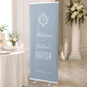 Boy Baptism Dusty Blue White Religious Cross Crest Retractable Banner