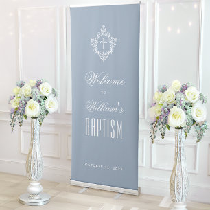 Boy Baptism Dusty Blue White Religious Cross Crest Retractable Banner