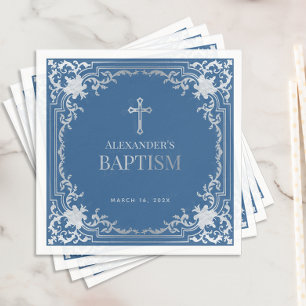  Boy Baptism Elegant Classic Blue Faux Silver Foil Napkin