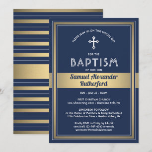 Boy Baptism Elegant Navy Blue and Gold Invitation
