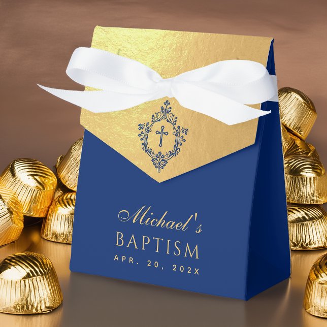 Boy Baptism Faux Gold Royal Blue Crest Religious Favour Box (Creator Uploaded)