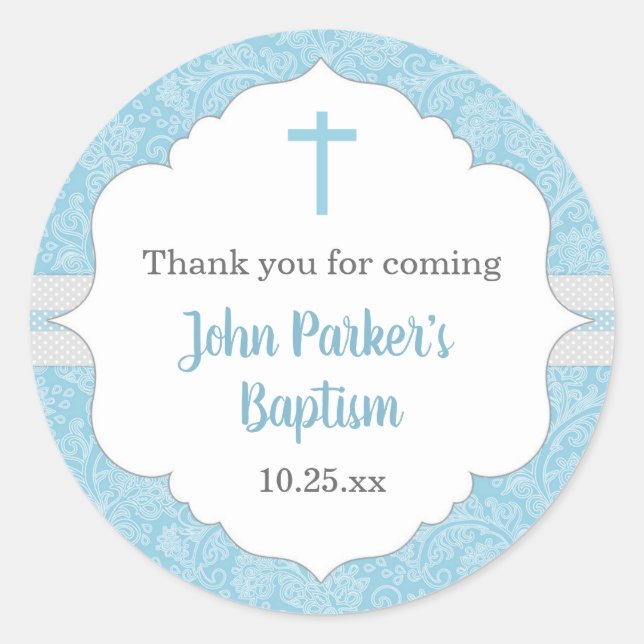 Boy baptism favour idea | blue damask classic round sticker (Front)
