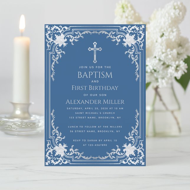 Boy Baptism First Birthday Vintage Classic Blue  Invitation (Creator Uploaded)
