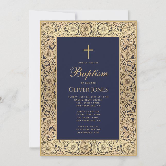Boy Baptism Floral Gold Frame Navy Blue Elegant Invitation (Front)