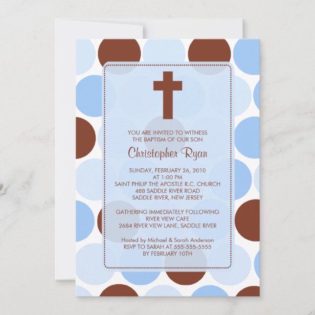 Boy Baptism Inviation Brown & Blue Polka Dots Invitation (Front)