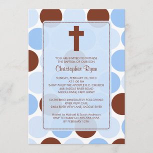 Boy Baptism Inviation Brown & Blue Polka Dots Invitation
