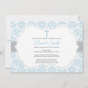 Boy Baptism Invitation Blue and Grey Damask