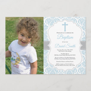 Boy Baptism Invitation Blue and Grey Damask